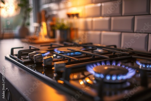 A gas stove with a blue flame on top. Ideal for cooking and heating purposes photo