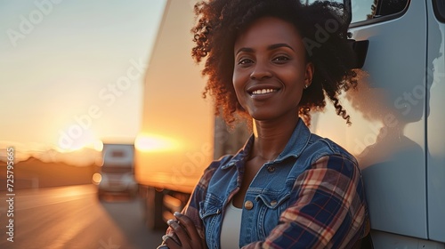 Female professional truck driver looking at camera. This confident woman stands tall next to her truck, embodying the strength of transportation. photo