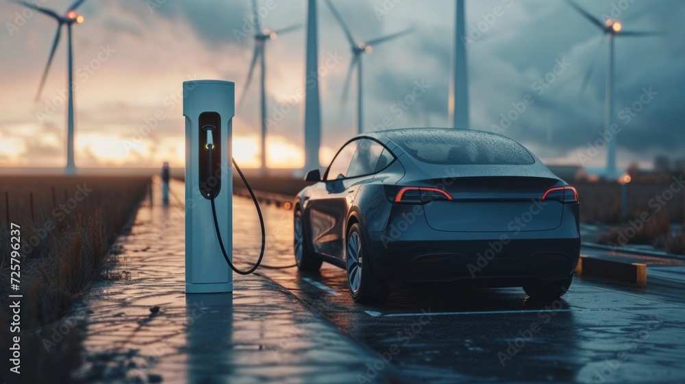 Electric sedan charging at dusk among wind turbines.
 - obrazy, fototapety, plakaty 