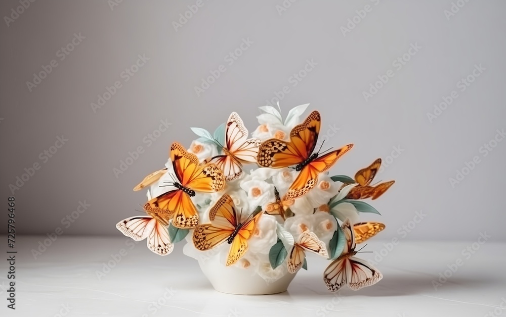 bouquet of butterflies for March 8, on a light background, with space for text 