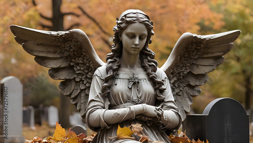 angel statue at the cemetery in fall