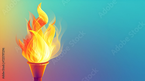 Burning torch illustration on colored background, 2D illustration. Paper torch flame on gradient background, copy space. Symbol of competitions, victory, peace. Abstract fiery torch, colorful design