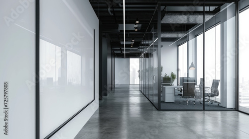 Spacious and bright modern office interior with a large blank billboard ready for advertising  featuring floor-to-ceiling windows and city views.