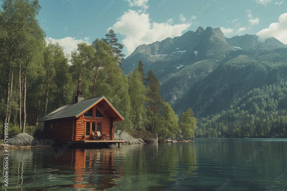 A small cabin located on the edge of a picturesque lake. This image can be used to depict tranquility and a peaceful getaway A small cabin located on the edge of a picturesque lake. This image can be used to depict tranquility and a peaceful getaway