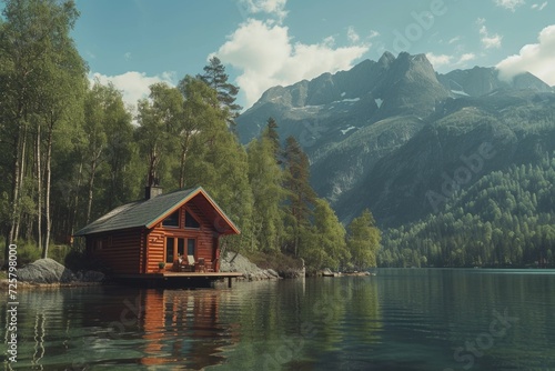 A small cabin located on the edge of a picturesque lake. This image can be used to depict tranquility and a peaceful getaway