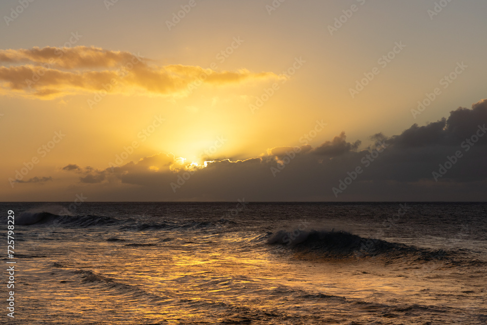 Ocean waves in sunset at open sea