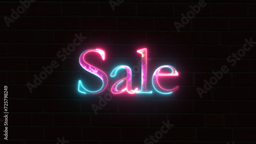 Neon glowing sale sign on black brick wall for advertise, discounts and business. Sale neon banner.