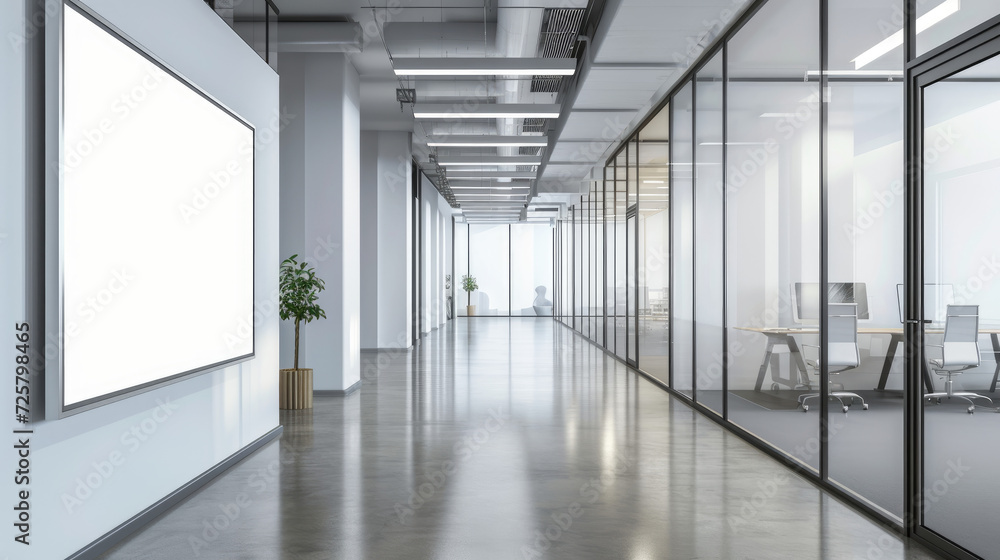 Spacious and bright modern office interior with a large blank billboard ready for advertising, featuring floor-to-ceiling windows and city views.