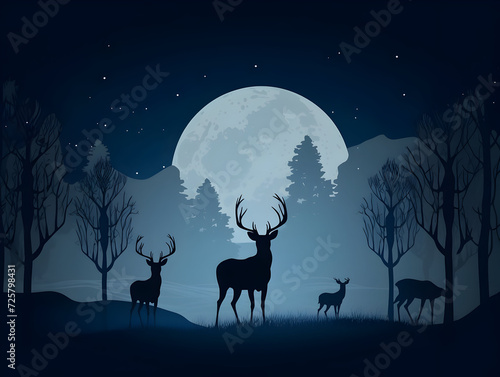 Deer at night standing in the light of the full moon © Generative Ai