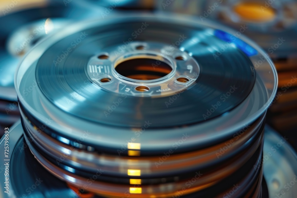 A stack of film reels, symbolizing the history and art of cinema. Perfect for movie enthusiasts and filmmakers