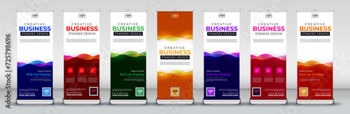 modern Roll up banner vertical template design for events, brochure, flyer, infographics, x banner and flag banner advertising in blue, red, green, yellow, purple, pink and orange