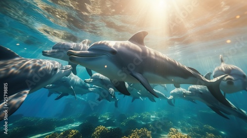 Group of dolphins seen from underwater in blue ocean view with sunlight for animal background. Created with Generative AI