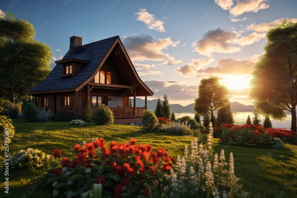 Photo of a house in the countryside with a beautiful landscape