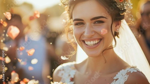 A woman in a wedding dress is smiling and surrounded by confetti. Perfect for capturing the joy and celebration of a wedding day