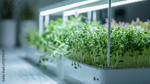 Fresh microgreens growing in planter, illuminated by a grow light © colnihko