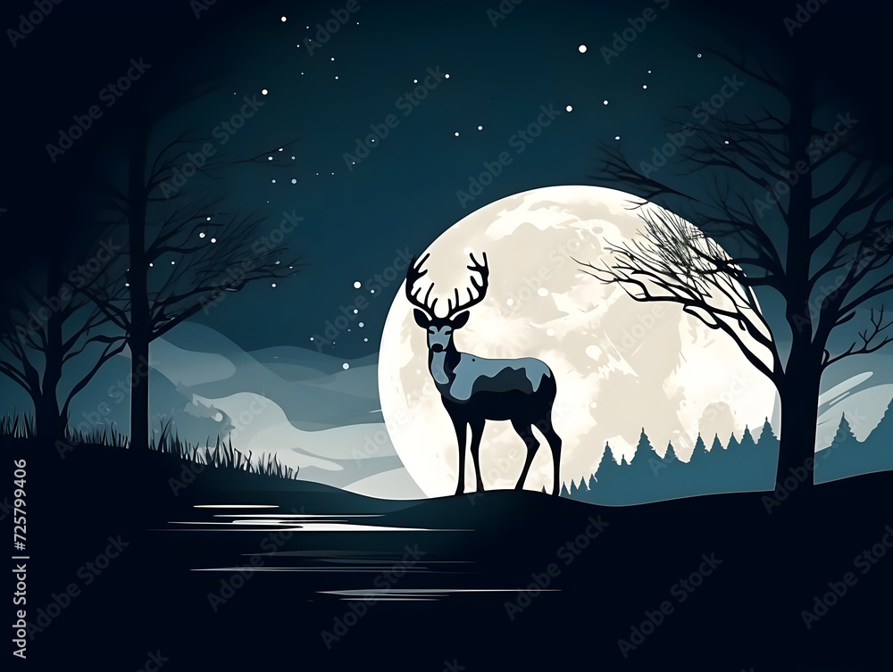 Deer at night standing in the light of the full moon Deer at night standing in the light of the full moon