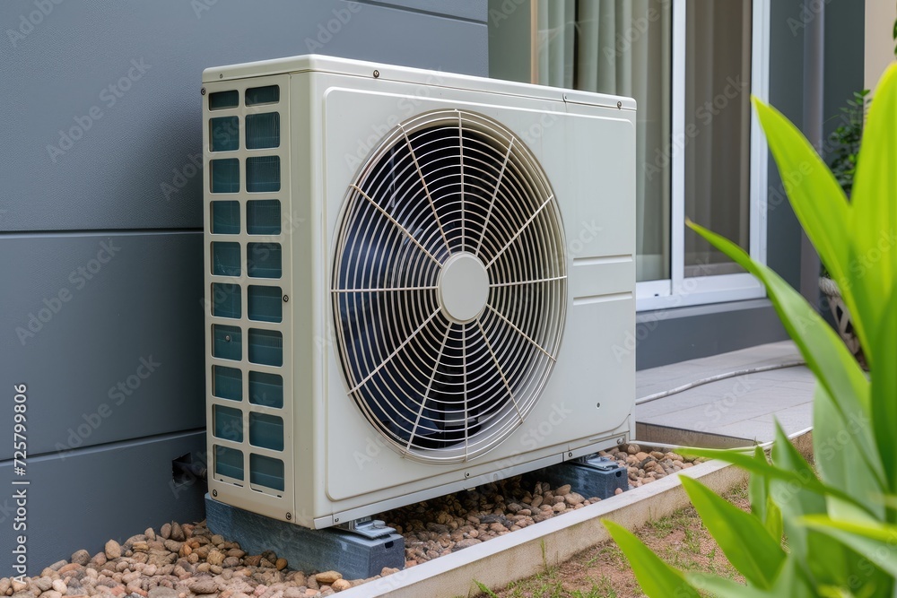Air source heat pump installed in residential building. Air source heat pump installed in residential building.