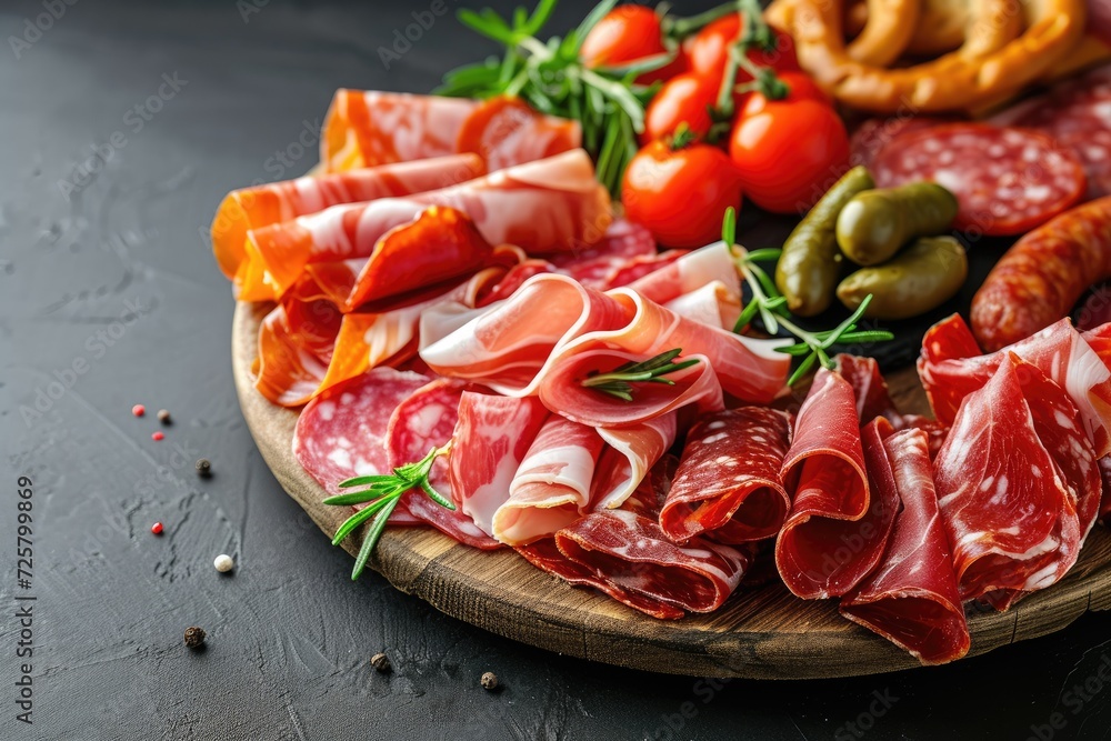Cured meat platter of traditional tapas. Snacks food with ham, prosciutto, salami, chorizo sausage.