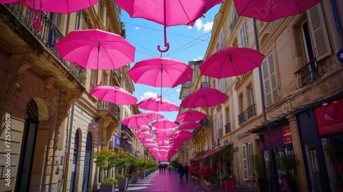 Pink umbrellas hanging from the ceiling of a street. Perfect for adding a colorful touch to any urban environment
