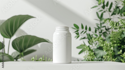 A mockup of a blank supplement bottle sitting on a wooden table with plants besides, minimal and clean style photo
