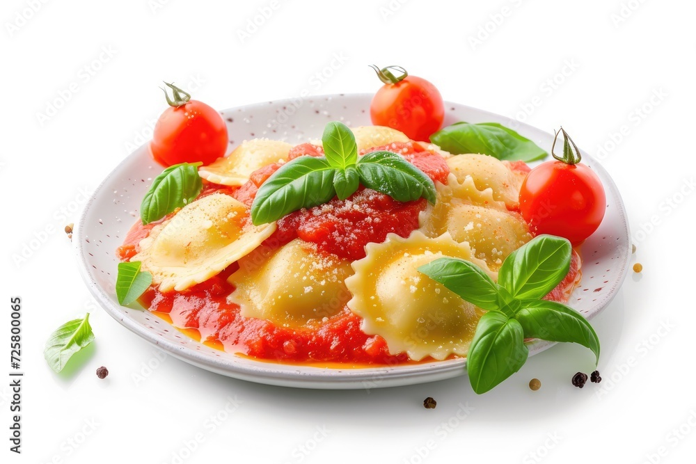 Ravioli with tomato sauce and basil on white background Ravioli with tomato sauce and basil on white background