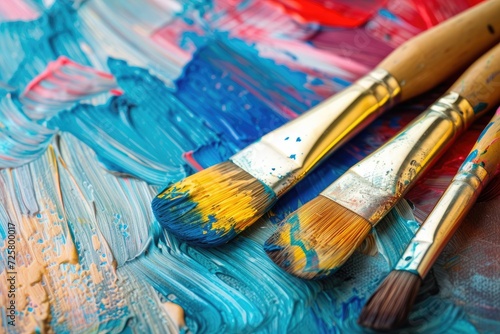 Paint brushes on creative oil abstract paint background.