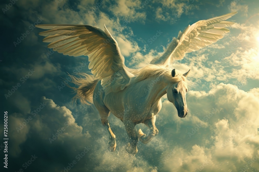 Majestic white Pegasus horse flying high above the clouds. Majestic white Pegasus horse flying high above the clouds.