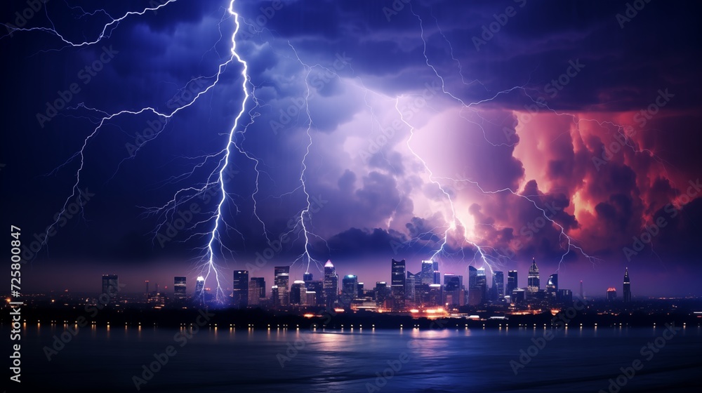 Lightning bolts illuminating the sky above a city skyline during a dramatic storm