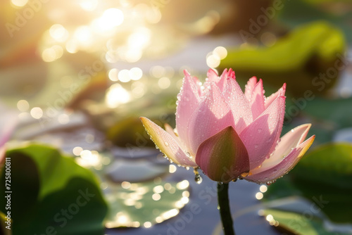 close-up of a dew-kissed lotus flower in a pond  its pink petals unfurling in the morning sun