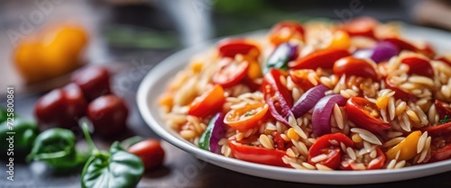 Roasted pepper and chorizo orzo salad includes red peppers, red onion, chorizo, cherry tomatoes, and orzo pasta. © Екатерина Переславце