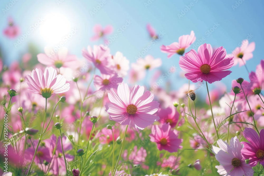 field of blooming cosmos flowers under a clear blue sky