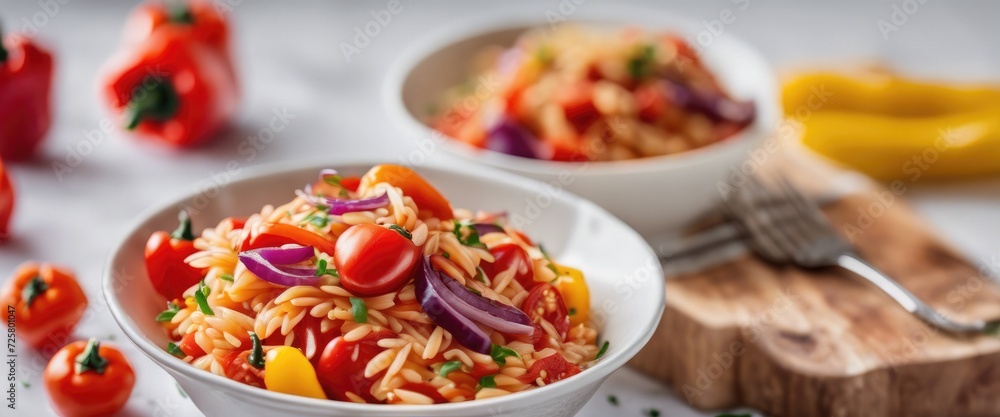 Roasted pepper and chorizo orzo salad includes red peppers, red onion, chorizo, cherry tomatoes, and orzo pasta