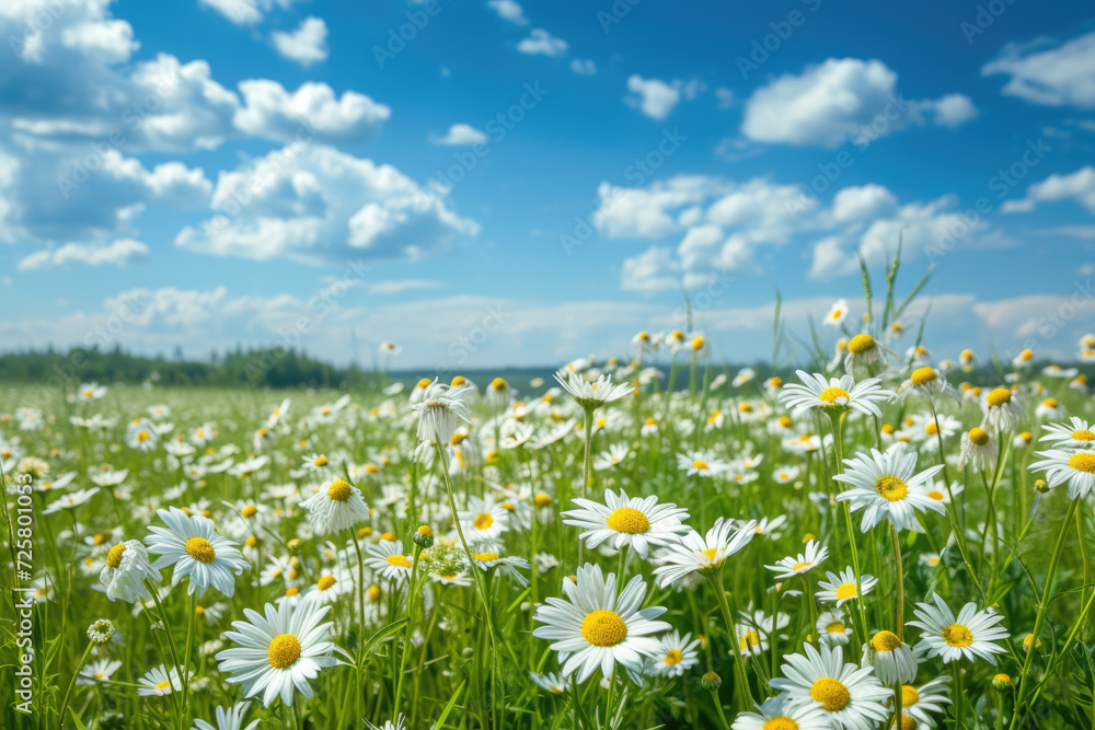 field of daisies, with a blue sky and white clouds.