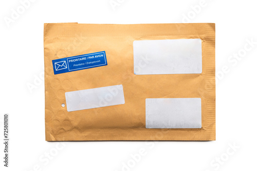 Padded envelope top view isolated on white background, cardboard bag, package paper letter.