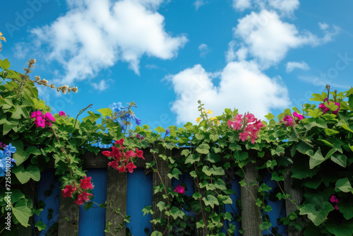 fence with ivy and flowers, with a blue sky and white clouds