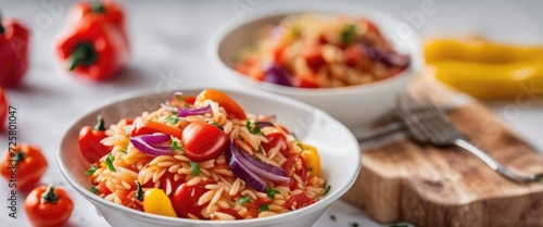 Roasted pepper and chorizo orzo salad includes red peppers, red onion, chorizo, cherry tomatoes, and orzo pasta