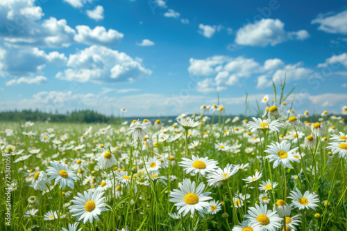 field of daisies  with a blue sky and white clouds.
