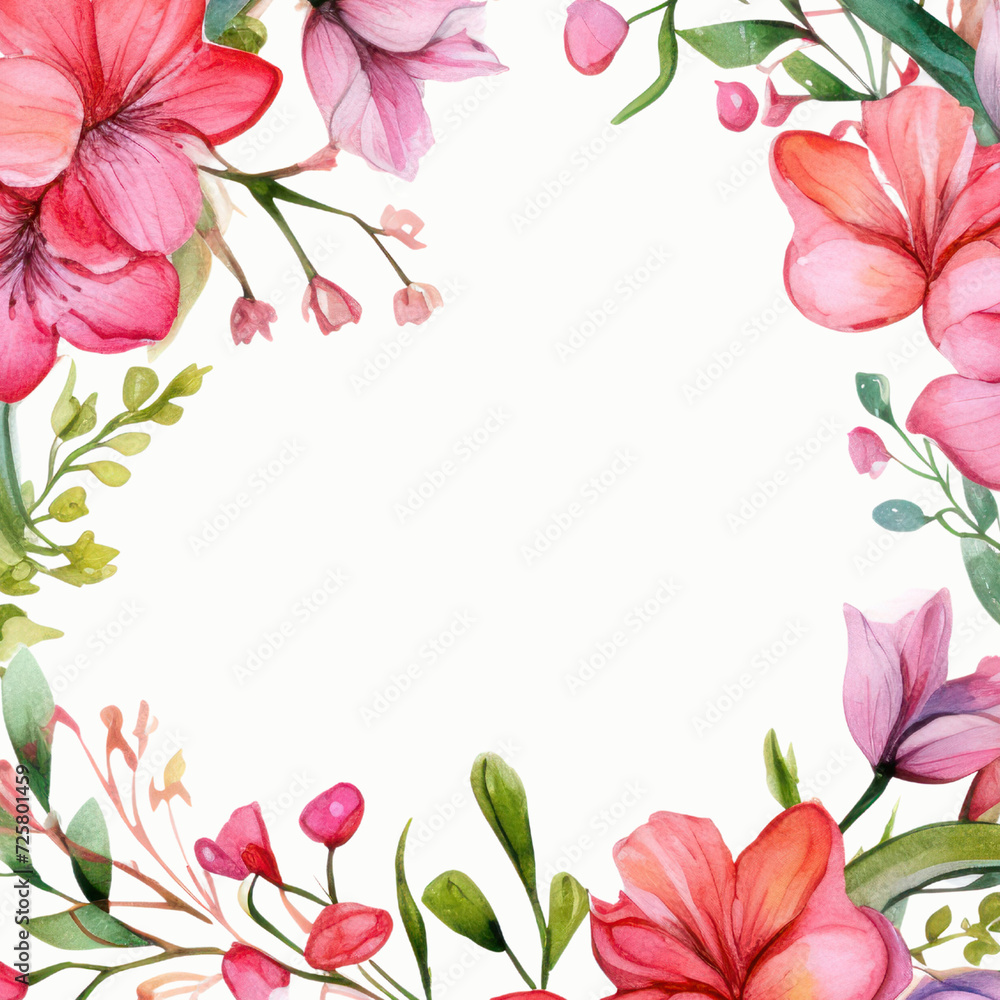 Pink Floral Frame with Flowers and Leaves