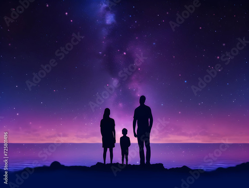 Silhouettes of family in the night sky with stars 