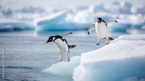 Two penguins jump into the ocean from a snow floe in Antarctica. Winter  Birds  Wildlife  Arctic animals concepts.