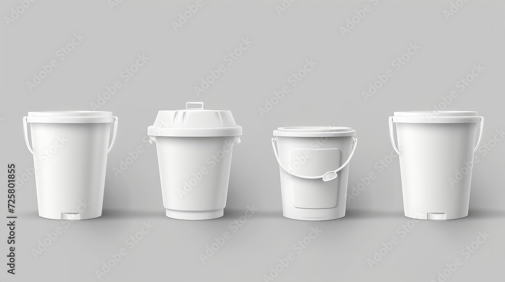 3d realistic vector icon set. Different shapes white plastic bucket with lid. Front view - obrazy, fototapety, plakaty 