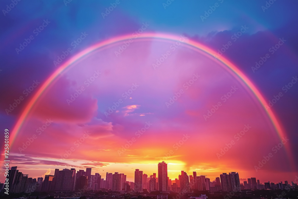 A bright rainbow over the evening city at sunset, a rare natural phenomenonn, natural
A bright rainbow over the evening city at sunset, a rare natural phenomenonn, natural