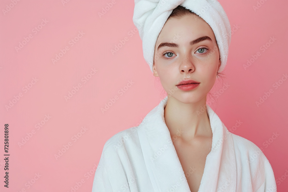 Young girl in a white bathrobe and a towel on her head after spa treatments, clean skin, banner for cosmetology on a pink background Young girl in a white bathrobe and a towel on her head after spa treatments, clean skin, banner for cosmetology on a pink background