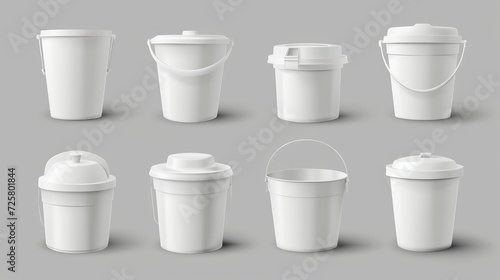 3d realistic vector icon set. Different shapes white plastic bucket with lid. Front view photo