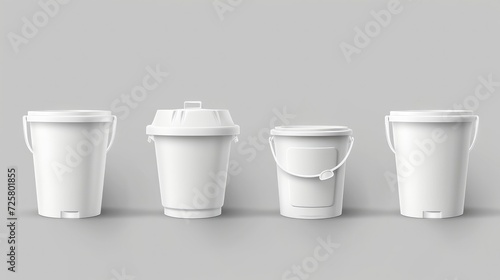 3d realistic vector icon set. Different shapes white plastic bucket with lid. Front view photo