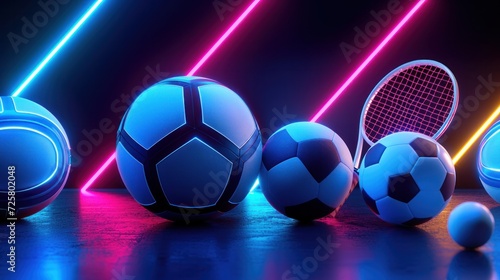 3d sport rendering. background for a sports game. 3d illustration. realistic abstract backdrop. ball object. copy space. tennis soccer basketball golf rugby volleyball elements. neon concept design