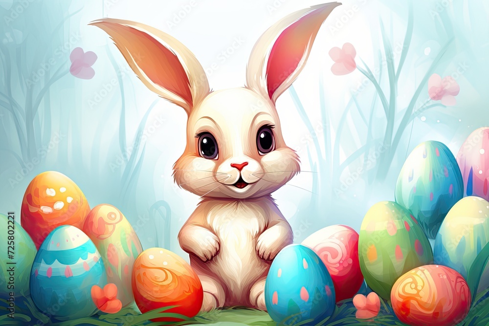 cute easter bunny and colorful eggs holiday design illustration cute easter bunny and colorful eggs holiday design illustration