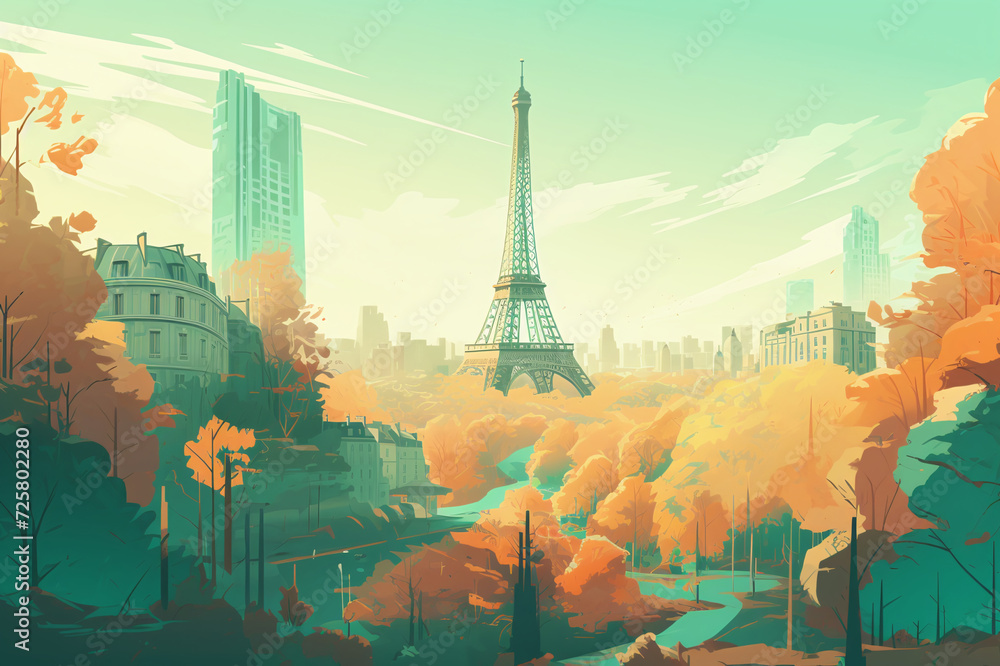 Illustration of a city view in Paris with the Eiffel Tower - obrazy, fototapety, plakaty 