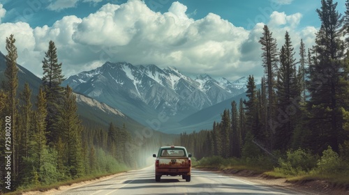 A pickup truck with a snorkel drives on a scenic road surrounded by mountains and trees photo
