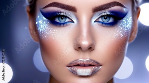 closeup beautiful woman with white short haisrtyle  creative makeup with glitter